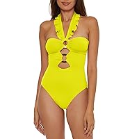 Soluna Women's Standard Buckle Up One Piece Bandeau Swimsuit with Cut Out Neckline and Removable Cups, Bathing Suits