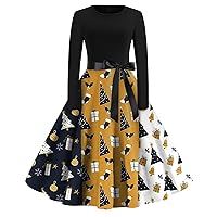 Womens Christmas Dresses Flared Dress for Woman 2023 Retro 1950s Long Sleeve Swing Rockabilly Cocktail Party Dress