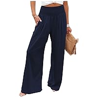 UOFOCO 2024 Summer Trendy High Waisted Baggy Palazzo Trousers with Pockets Women's Flowy Wide Leg Comfy Linen Pants Cheap Clearance Navy 3X-Large