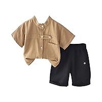 Cute Kid Outfits Boy Cardigan Button Down Short Sleeve Shirt and Shorts Child 2PCS Set Summer (Khaki, 6-12 Months)