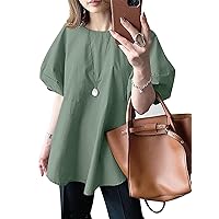 ZANZEA Women's Puff Sleeve Crew Neck Solid Shirts Keyhole Back Blouses Tops Casual Summer