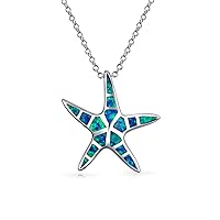 Bling Jewelry Nautical Beach Pendant Blue Inlay Created Opal Starfish Pendant Necklace For Women For Teen .925 Sterling Silver