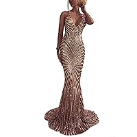 Ohvera Women's Off Shoulder Sequined Long Sleeve Party Cocktail Evening Prom Gown Mermaid Maxi Long Dress