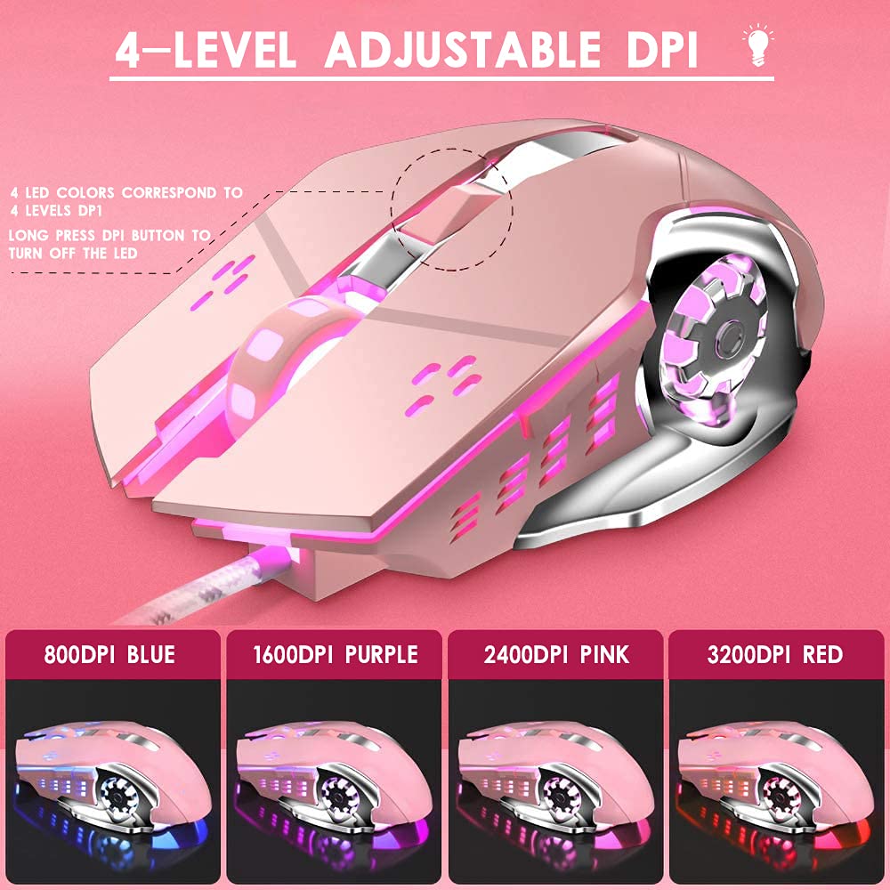 Wired Computer Gaming Mice, 6 Buttons for Desktop Laptop Mac PC Gaming Mouse, 4 Levels DPI 800-1600-2400-3200 with 4 Colors RGB Backlit, Ergonomic Design for Professional Gamers Use