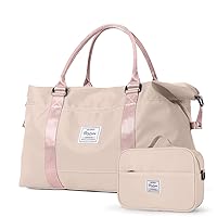 HYC00,Travel Duffel Bag, Sports Tote Gym Bag, Shoulder Weekender Overnight Bag for Women with Toiletry Bag,Beige & Pink