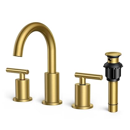 FORIOUS Brushed Gold Bathroom Faucet 3 Hole, Two Handle Bathroom Sink Faucet Gold with Metal Overflow Drain, 8 inch Widespread Bathroom Faucet with 360° Swivel Gooseneck, Gold Faucet for Bathroom Sink