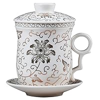 Porcelain Tea Cup with Lid and Saucer Infuser Sets - Chinese Jingdezhen Ceramics Coffee Mug Teacup Loose Leaf Tea Brewing System for Home Office, Flowery Pattern White