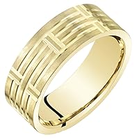 Peora Men's 7mm 14K Yellow Gold Wedding Ring Band for Men Geometric Style, Brushed Matte with High Polish Finish, Comfort Fit, Sizes 8 to 14
