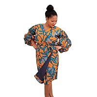 African Ankara Print Women Knee Length Full Fitted Wrapping Dress Vibrant Multi Color Print