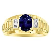 Rylos Mens Rings 14K Yellow Gold - Mens Simulated Sapphire & Diamond Ring Band Role X Design 8X6MM Color Stone Gemstone Rings For Men Mens Jewelry Gold Rings