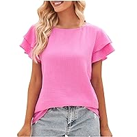 Womens Cotton Linen Summer Tops 2024 Fashion Casual Ruffle Sleeve Tshirts Crewneck Dressy Blouses Loose Solid Pullover Tees