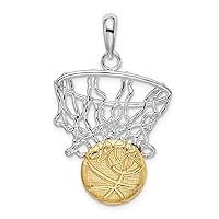 Silver and 14k Yellow Gold Rhodium Plated Polished Net with Basketball Charm 22 mm