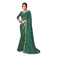 Teal Green Festival Party wear Indian Women Chiffon Saree Blouse Bandhej Printed Ethnic Banarasi Border Sari 2133