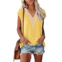 MEROKEETY Women's Casual Cap Sleeve Lace Trim V Neck Tops 2024 Summer Loose Tee Shirts Blous