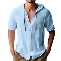Men's Cotton Linen Casual Short Sleeve Henley Hoodie Shirts Lightweight Button Down Lapel Polos T Shirt Blouse Tops
