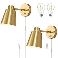 Plug in Wall Sconces, Dimmable Wall Sconces Adjustable Angle Wall Lights with Plug in Cord and Dimmer On/Off Knob Switch, Gold Wall Mounted Light for Bedroom Bedside Stairway(2 Pack, 2 Bulbs)