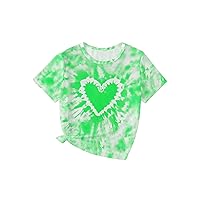 MakeMeChic Girl's Tie Dye Heart Print Summer Tops Casual Basic Crew Neck Short Sleeve Tee Shirts