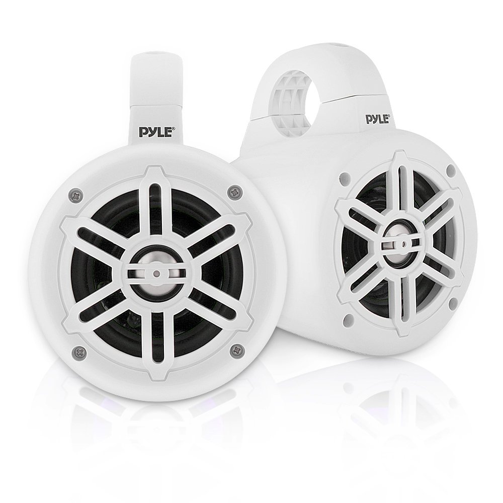 Pyle Waterproof Marine Wakeboard Tower Speakers - 4 Inch Dual Subwoofer Speaker Set with 300 Max Power Output - Boat Audio System Kit w/ Titanium Dome Tweeters & Mounting Clamps PLMRWB45W (White)