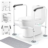 Toilet Safety Rails for Elderly, Heavy Duty Toilet Safety Frame with Handles, Adjustable Height & Width, Toilet Assist Grab Bar with Anti-Slip Mat, Up to 350 Lbs, Fits for Any Toilets
