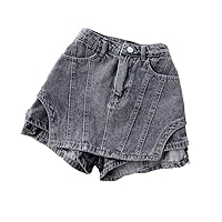 Summer Women's Shorts Fake Two Piece Retro Short Jeans Female Skirt Pants High Waist Denim Wide Leg Shorts