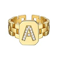 FOCALOOK 14K Gold Plated Initial Letter Ring for Women Adjustable Crystal Inlaid Alphabet A-Z Stackable Signet Rings