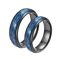 Matching Rings for Couples, Wedding Band Ring Tungsten Multi-Faceted Black and Blue Ring 5mm Promise Gifts for Couple