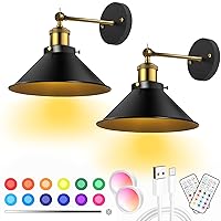 LUMIMAN Black Battery Operated Wall Sconce, Industrial Wireless Rechargeable Wall Light Set of 2, Auto Timer, Dimmable 13 RGB Battery Powered Sconces with Remote Control for Bedroom, Gallery, Hallway