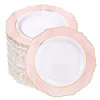 WDF 60pcs Pink Dessert Plates - 7.5inch Baroque Pink &Gold Disposable Dessert/Salad Plates for Upscale Parties &Wedding-Special for Wedding, Party, Mother’s Day