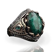 Tesbihevim Emerald Stone Men Silver Ring, 925 Sterling Silver Emerald Gemstone Ring, Handmade Engraved Turkish Silver Ring with Natural Emerald Stone