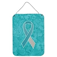 Caroline's Treasures AN1215DS1216 Teal and White Ribbon for Cervical Cancer Awareness Wall or Door Hanging Prints Aluminum Metal Sign Kitchen Wall Bar Bathroom Plaque Home Decor Front Door Plaque, 12x