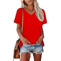 Womens Casual V Neck Short Sleeve Pleated Tops Blouses Fashion Clothes 2024 T Shirts Casual Solid Tops Basic Summer Tees