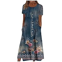 Bohemian Summer Midi Cover Up Women Short Sleeve Prom Graphic Cotton Crewneck Pocket Loose Fit Soft Pullover.