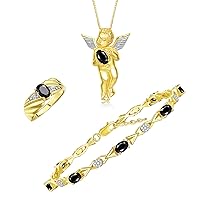 Matching Jewelry Yellow Gold Plated Silver Guardian Angel Set: Necklace, Tennis Bracelet, & Ring. Gemstone & Diamonds, 7