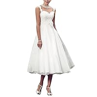 Women's Tea Length Lace Wedding Dress for Bride Tulle Bridal Gowns