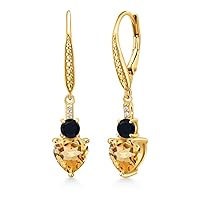 Gem Stone King 18K Yellow Gold Plated Silver Yellow Citrine Black Onyx and White Lab Grown Diamond Drop Dangle Earrings For Women (2.47 Cttw, Heart Shape 7MM, Round 4MM)