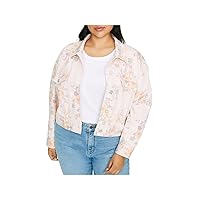 Sanctuary Womens Pink Stretch Pocketed Button Down Floral Denim Jacket Plus 1X