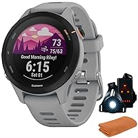 Garmin 010-02641-02 Forerunner 255S GPS Smartwatch, Powder Grey Bundle with Workout Cooling Sport Towel and Deco Essentials Wearable Commuter Front and Rear Safety Light