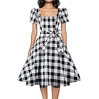 OBBUE Women's Square Neck Dress Vintage 1950s Cocktail Party Dress with Puff Sleeves