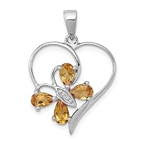 925 Sterling Silver Polished Prong set Open back Rhodium Citrine and Diamond Butterfly Angel Wings Love Heart Pendant Necklace Measures 25x18mm Wide Jewelry for Women