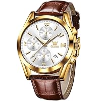 OLEVS Watches for Men Brown Leather Gold Case Analogue Quartz Fashion Business Dress Watch Day Date Luminous Waterproof Casual Male Wrist Watches