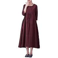Women's Casual Loose Cltohing 3/4 Sleeves Spring Summer Cotton Linen Long Dresses