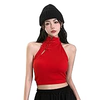 Women Sleeveless Crop Top,Casual Camisole Cheongsam Buckle Vest Top Half Turtleneck Tanks Top Streetwear Red