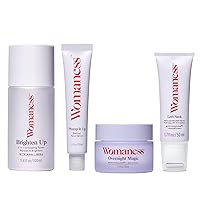 Womaness Menopause Support PM Skincare - Brighten Up 2-in-1 Exfoliating Toner (3.4oz), Let's Neck (50ml), Plump It Up Gentle Retinol Serum (1 Oz), Overnight Magic Face Cream (1.7 Fl Oz) - 4 Products
