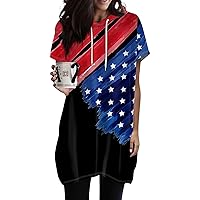 Red White And Blue Shirts For Women,4Th Of July Shirts Women'S Short Sleeve Long Tunic Hoodies Tops American Flag Drawstring Hoodies Top With Pocket Plus Size Tops For Women