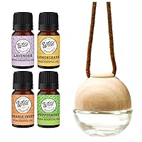 Wild Essentials Glass & Wood Hanging Aromatherapy Diffuser Starter Kit Gift Set Includes 4-100% Pure Essential Oils, Lavender, Lemongrass, Orange Sweet and Peppermint