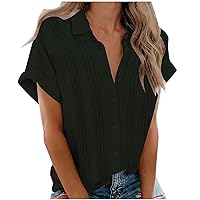 Women's Casual Short Sleeve T-Shirts 2024 Stylish Pleated Button Down Blouses Solid Lapel Breathable Tee Tops with Pockets