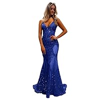 Maxianever Plus Size Lace Bodycon Sequin Mermaid Prom Dresses Long Sparkly Spaghetti Straps Formal Evening Gowns Backless Royal Blue US20 Plus
