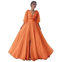 Xijun Women Tulle Prom Dresses Long with Puffy Sleeves Slit V Neck A Line Corset Formal Evening Party Gown