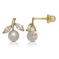 Solid 14k Yellow Gold Marquis CZ FW Pearl Birthstone Screw-back Stud Earrings (8mm x 10mm)