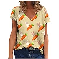 Easter Day T Shirts for Womens Bunny Eggs Floral Printed T-Shirt Summer Short Sleeve Graphic Tees Tops V Neck Blouses